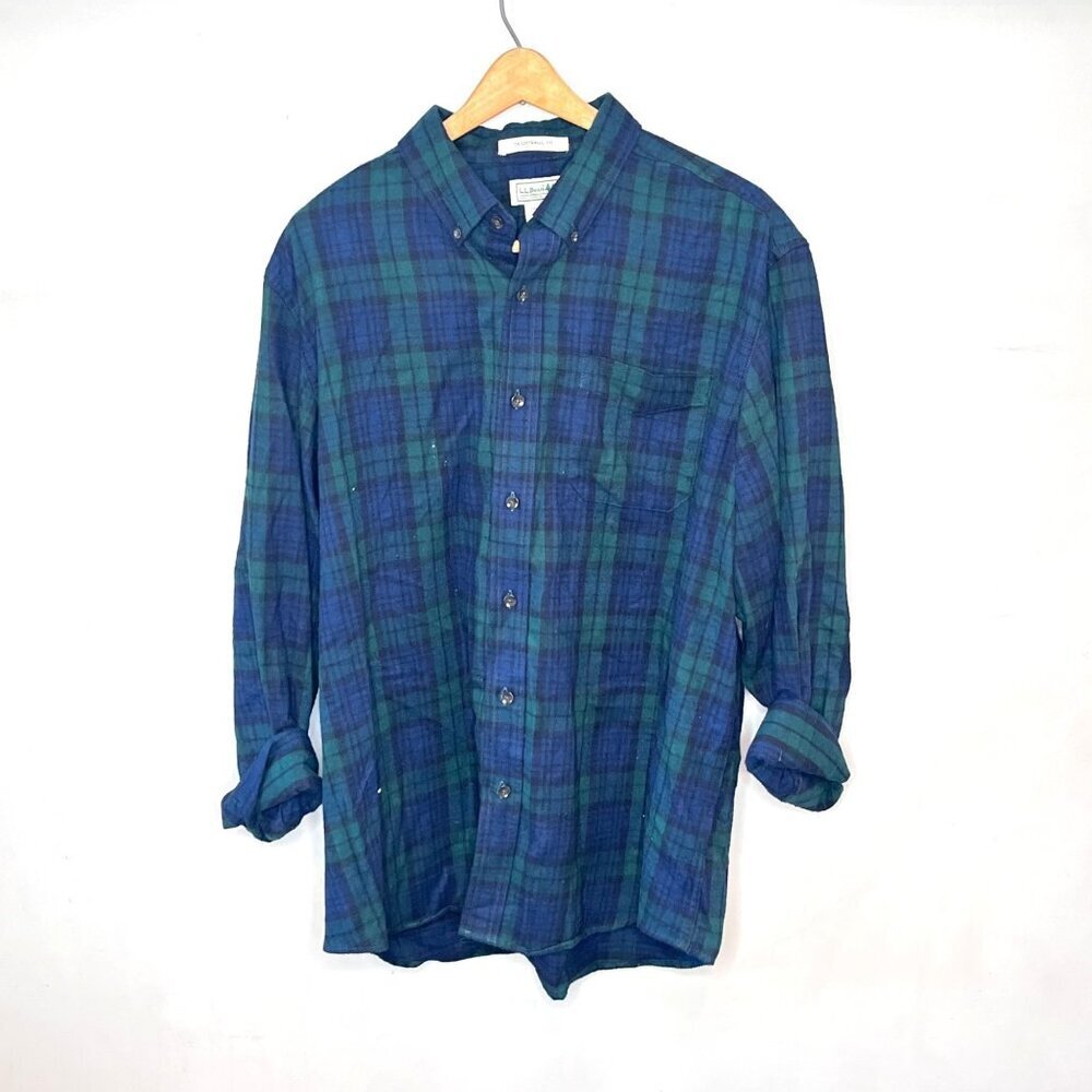 L.L. Bean Mens Traditional Fit Plaid Button-Down‎ Shirt L 100% Cotton Blue/Green